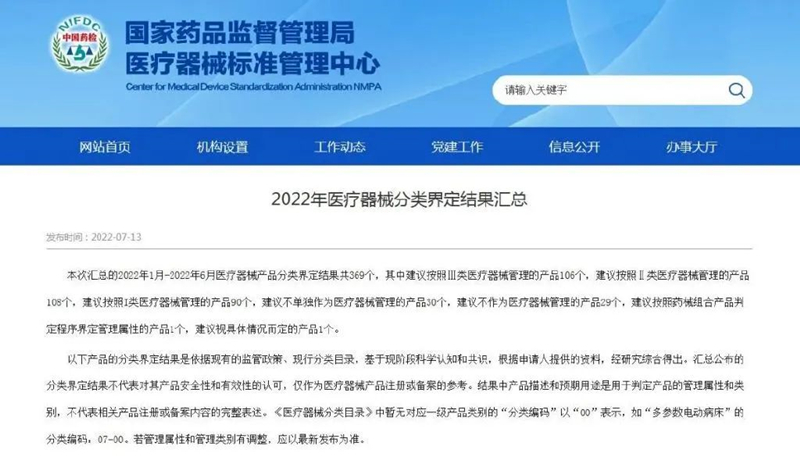 資訊|國家藥監局發(fā)布《2022年醫療器械分類(lèi)界定結果匯總》